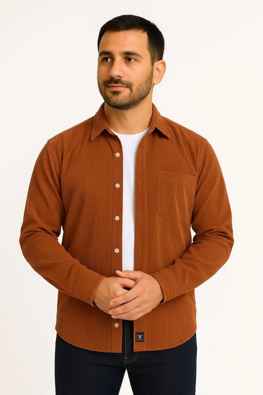Erkek Fitilli Kadife Cepli Gömlek Oversize Rahat Kalıp - Kahverengi görsel 4