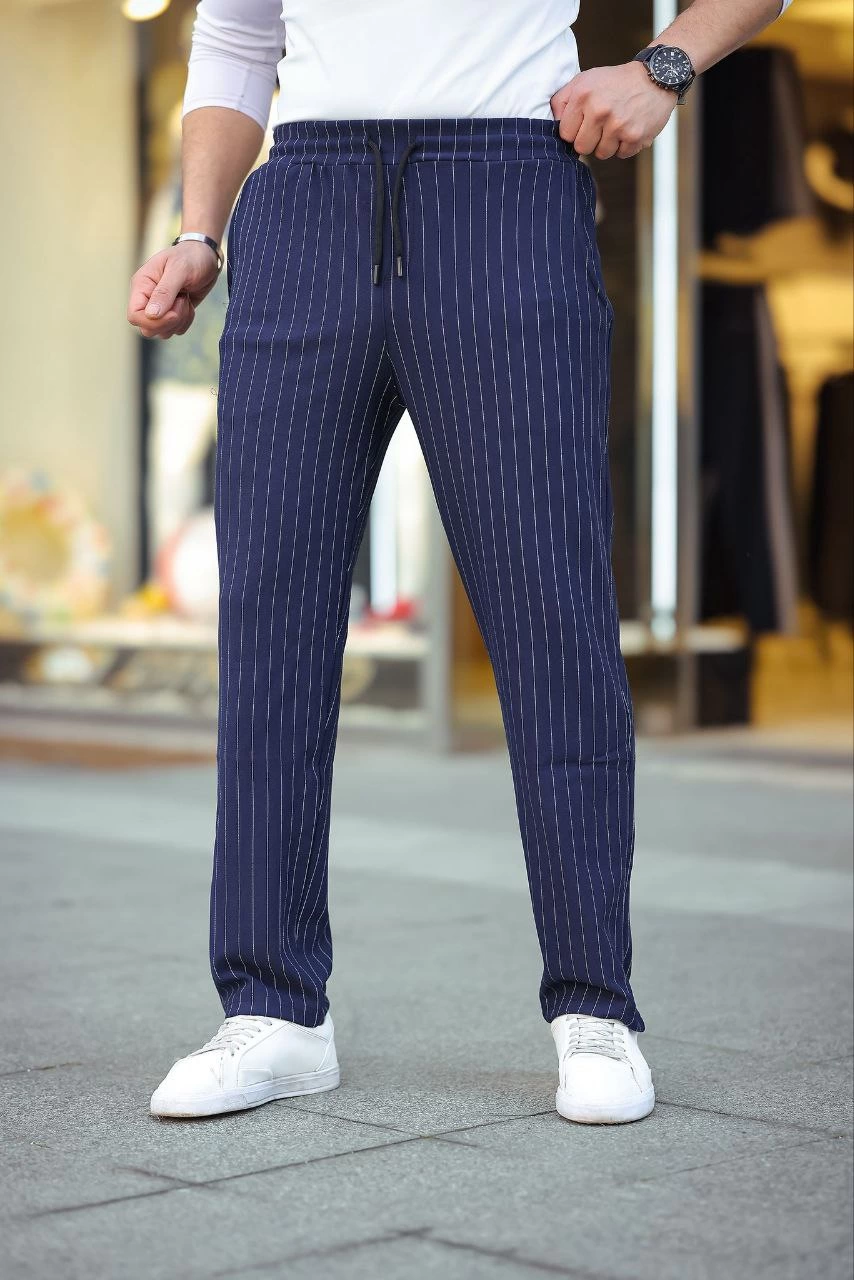 Erkek Cizgili Dokuma Krep Jogger Buggy Pantalon Rahat kalıp - Lacivert görsel 4