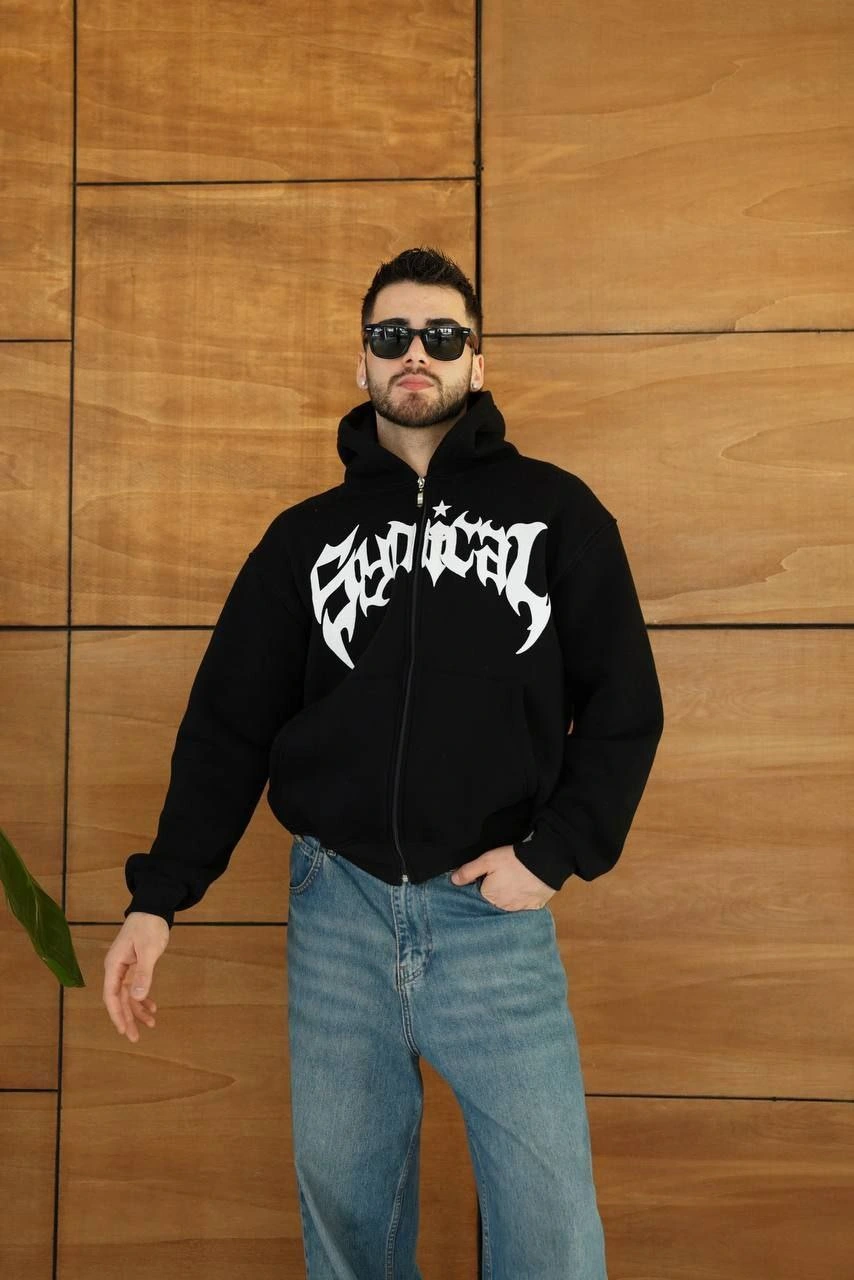 Erkek Kapüşonlu 3 İplik Şardonlu Önü Baskılı Fermuarlı Oversize Sweatshirt - Beyaz görsel 5