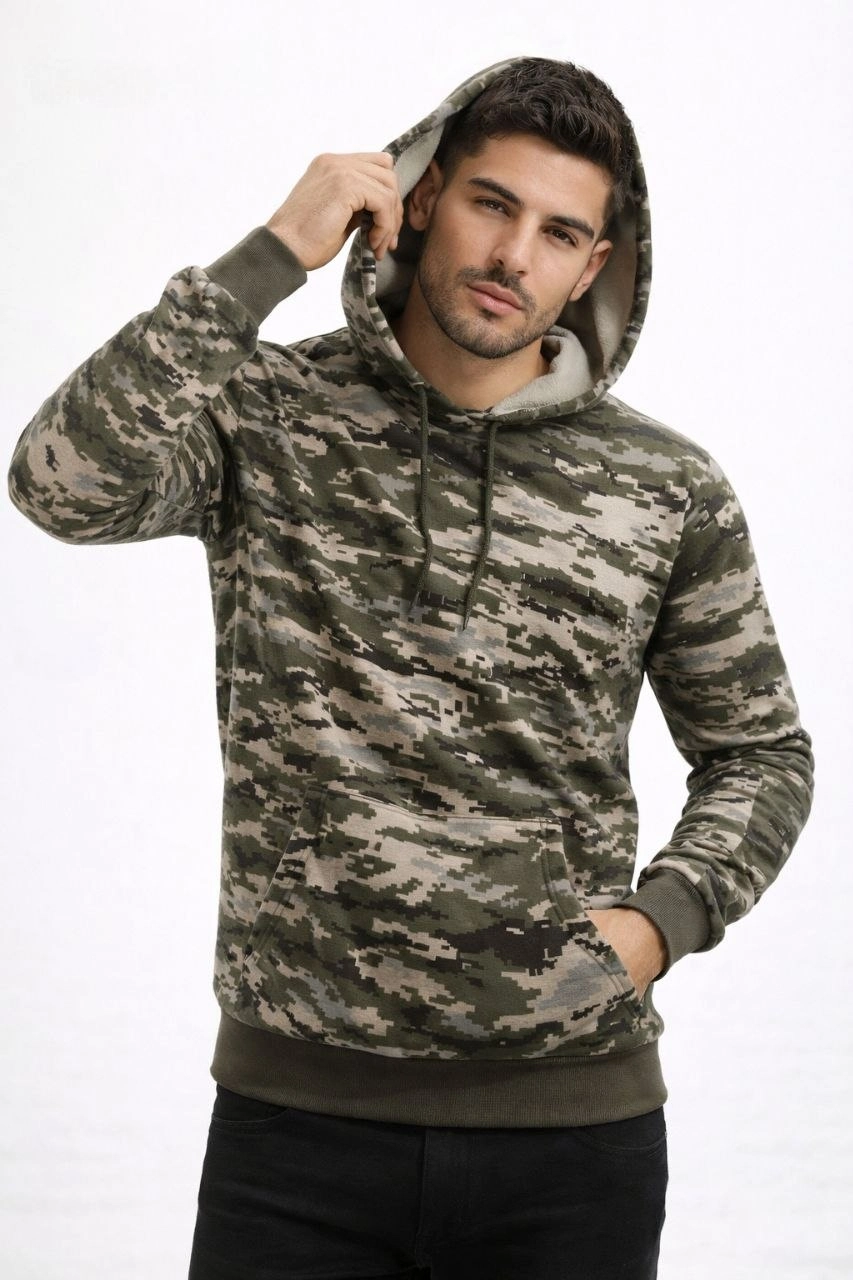Erkek Kamuflaj Desenli 2 İplik 4 Mevsim Kapüşonlu Kanguru Cepli Hoodie Sweatshirt - Kamuflaj görsel 2