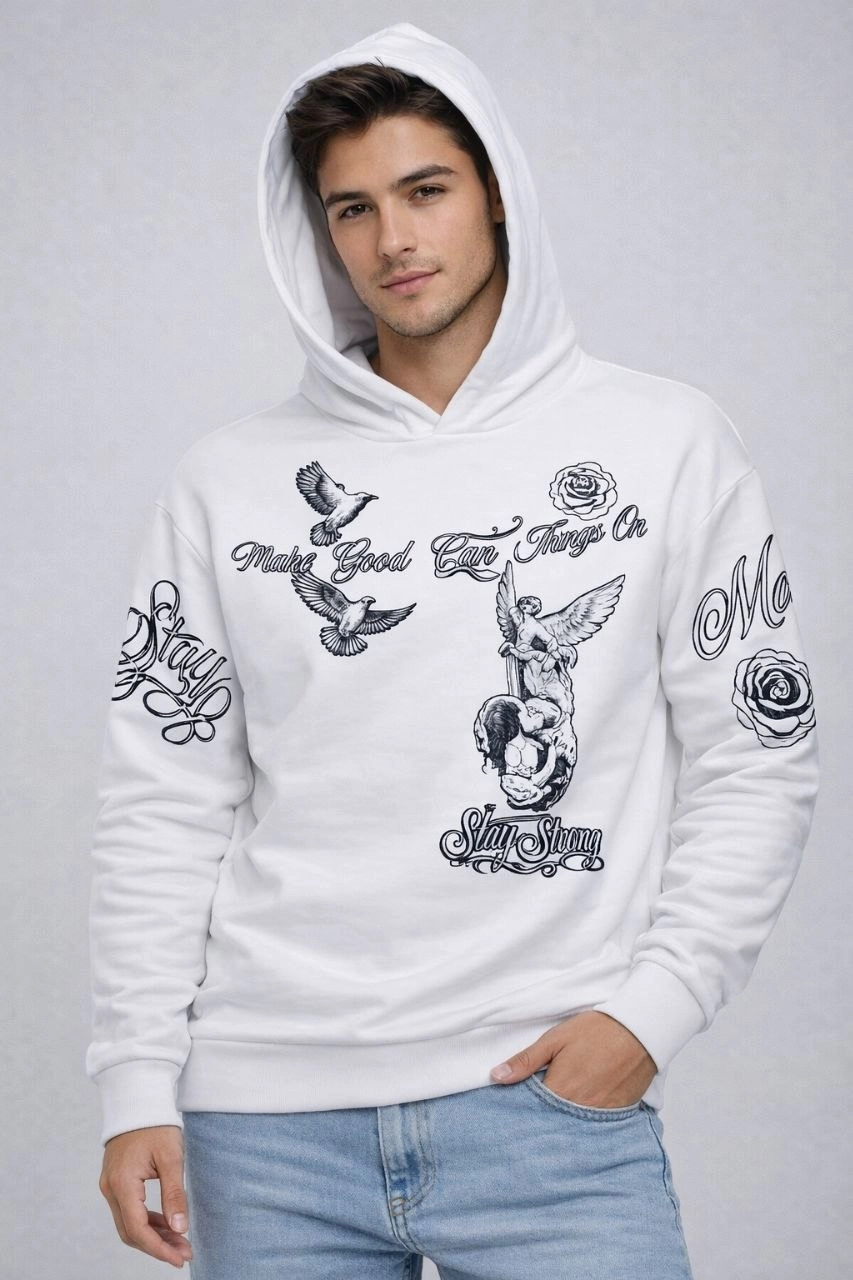 Erkek 3 İplik Pamuklu Kapüşonlu Baskılı SweatShirt hoodie - Beyaz görsel 3