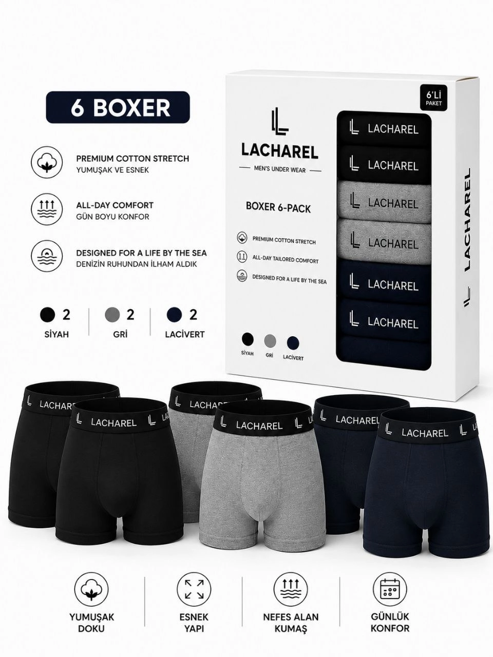 Erkek 12'li İç Giyim Seti Pamuklu 6 Boxer 6 Çorap Çoklu Paket - Siyah - Lacivert - Gri - Beyaz görsel 2