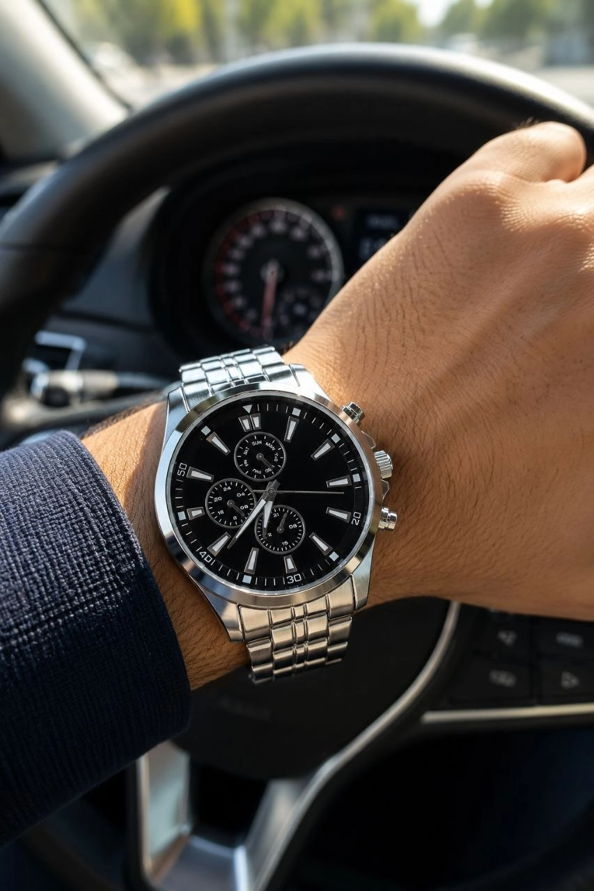 Erkek Gümüş Renk Metal Kordon Analog Kol Saati Takvim Göstergeli Siyah Kadran - Gümüş görsel 3