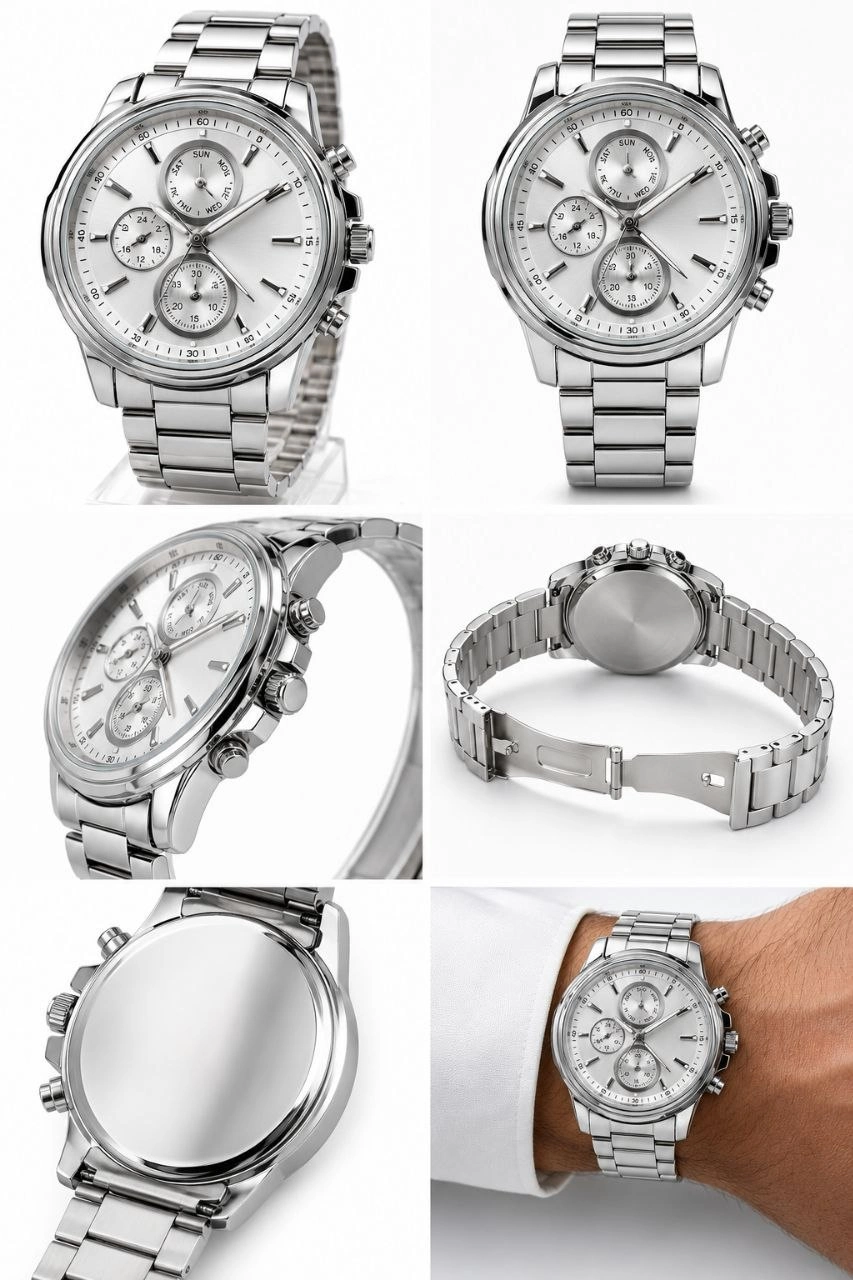 Erkek Gümüş Renk Metal Kordon Analog Kol Saati Takvim Göstergeli Beyaz Kadran - Gümüş görsel 6