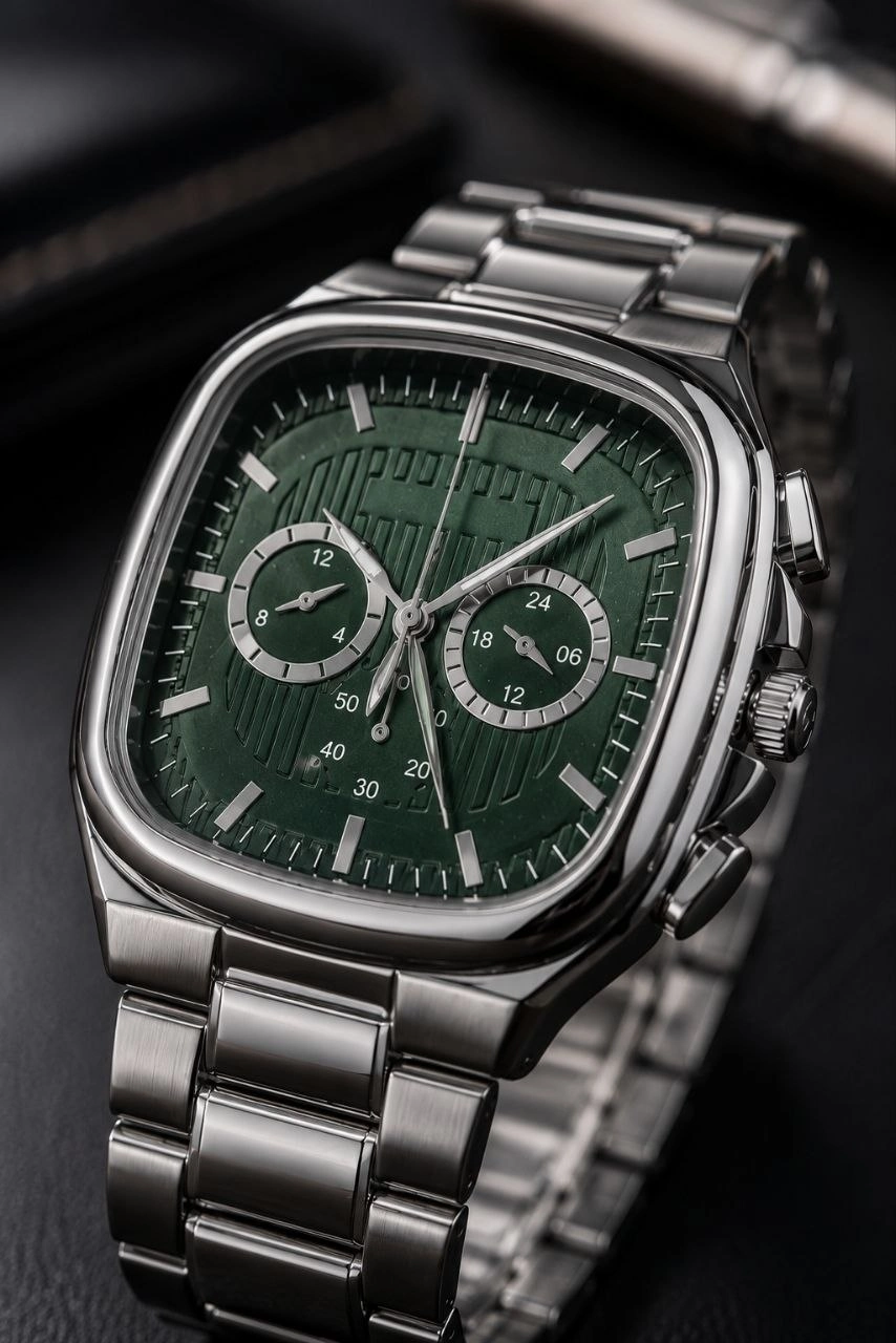 Erkek Gümüş Metal Kordon Analog Kol Saati Yeşil Kadran Takvim Göstergeli - Gümüş görsel 2