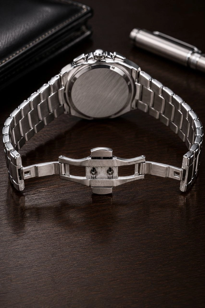 Erkek Gümüş Metal Kordon Analog Kol Saati Yeşil Kadran Takvim Göstergeli - Gümüş görsel 5