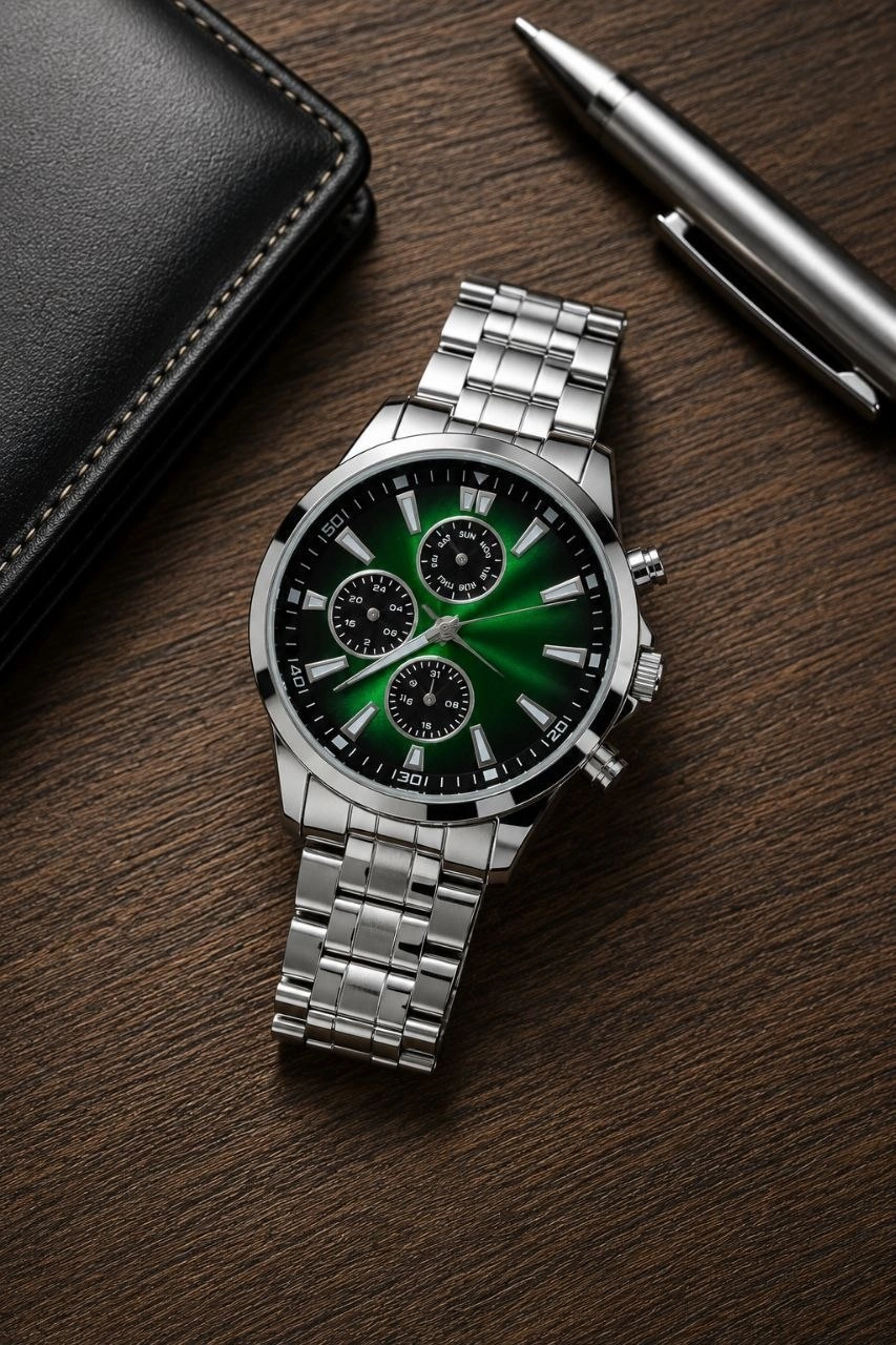 Erkek Gümüş Renk Metal Kordon Analog Kol Saati Takvim Göstergeli Yeşil Siyah Kadran - Gümüş görsel 4