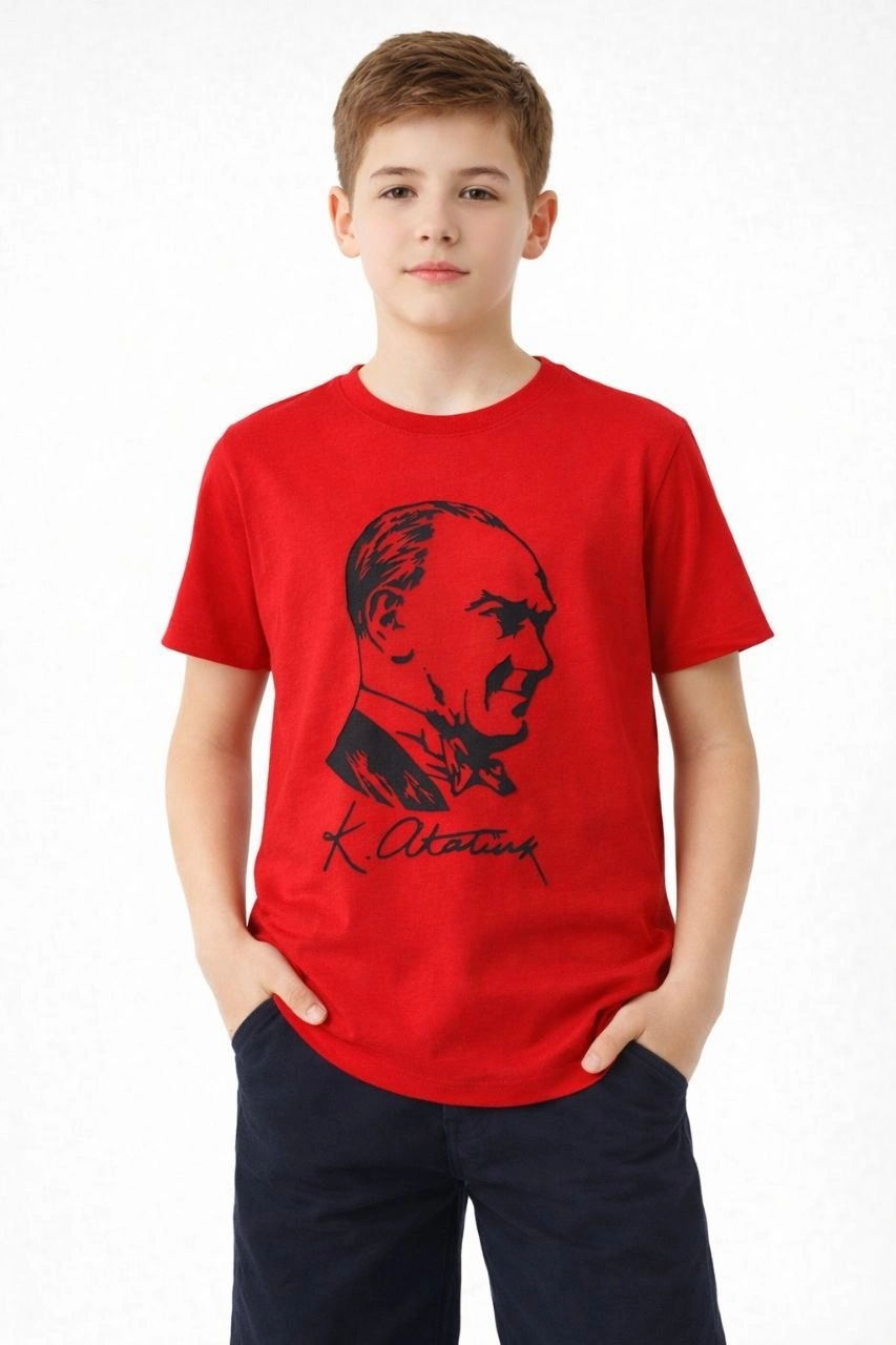 Erkek Çocuk Atatürk Baskılı Tişört Kısa Kollu Bisiklet Yaka T-Shirt - Kırmızı görsel 2