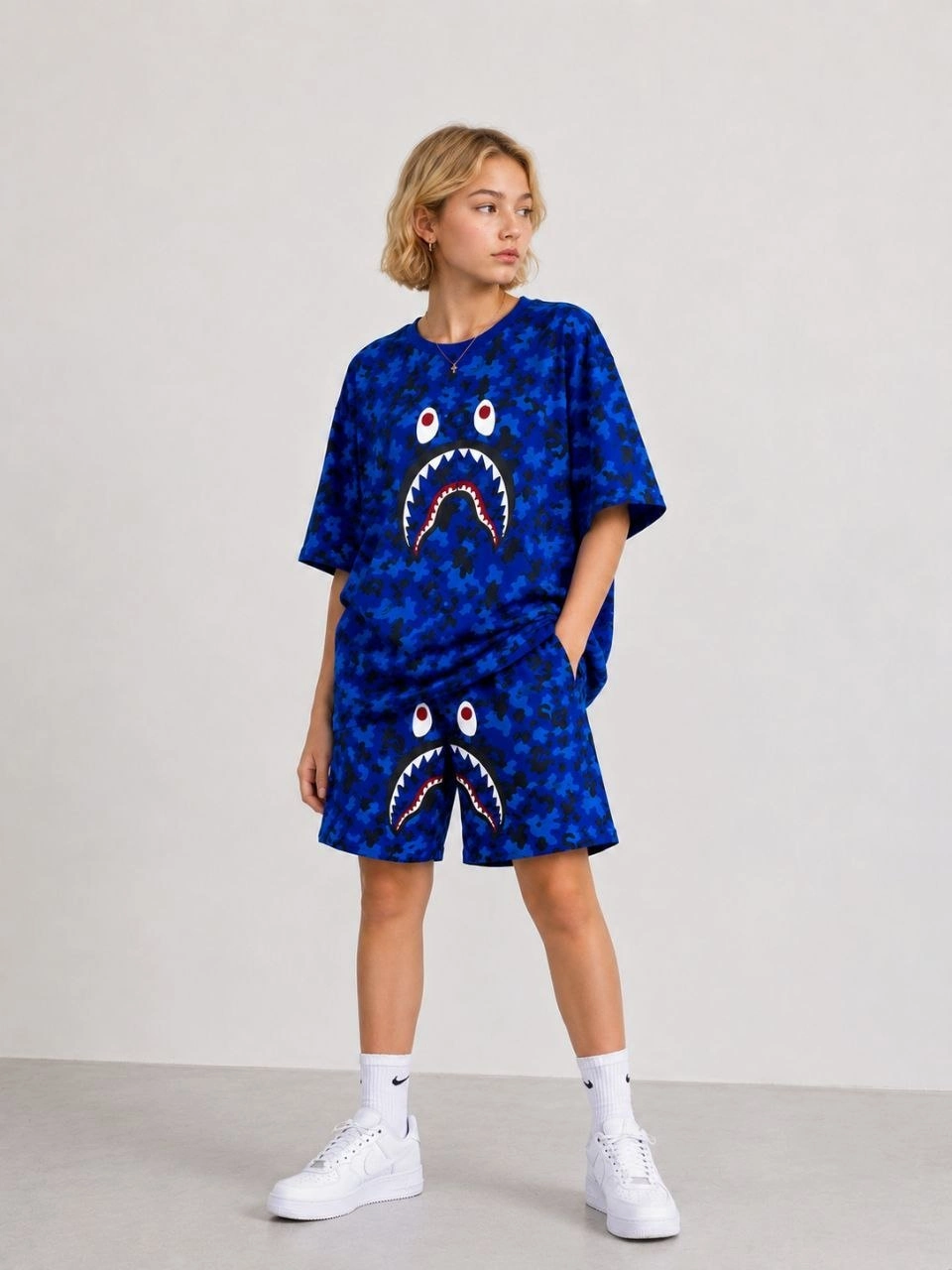 Erkek Oversize Kalıp Pubg Bape X Shark Nakışlı Cepli Şort Takım - Mavi görsel 12