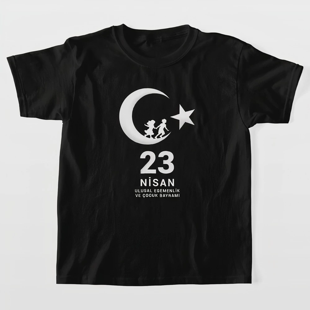 Çocuk 23 Nisan Ulusal Egemenlik ve Çocuk Bayramı Baskılı Bisiklet Yaka T-shirt - Beyaz görsel 4
