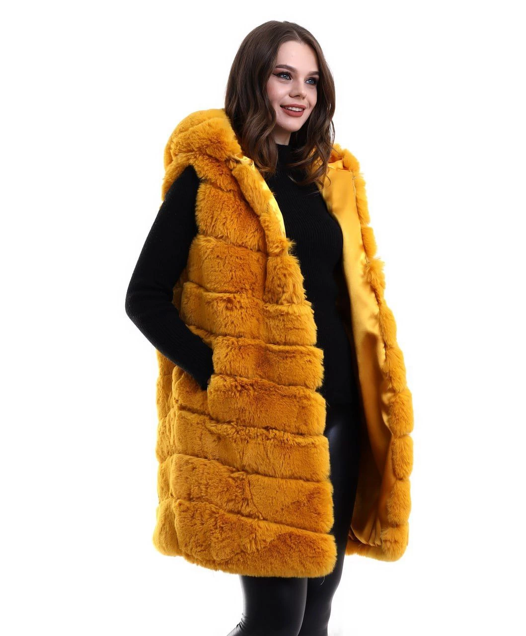 Kadın Kapüşonlu Peluş Kürk Yelek Premium Kalite Tam Astarlı Uzun Model - Sarı görsel 2