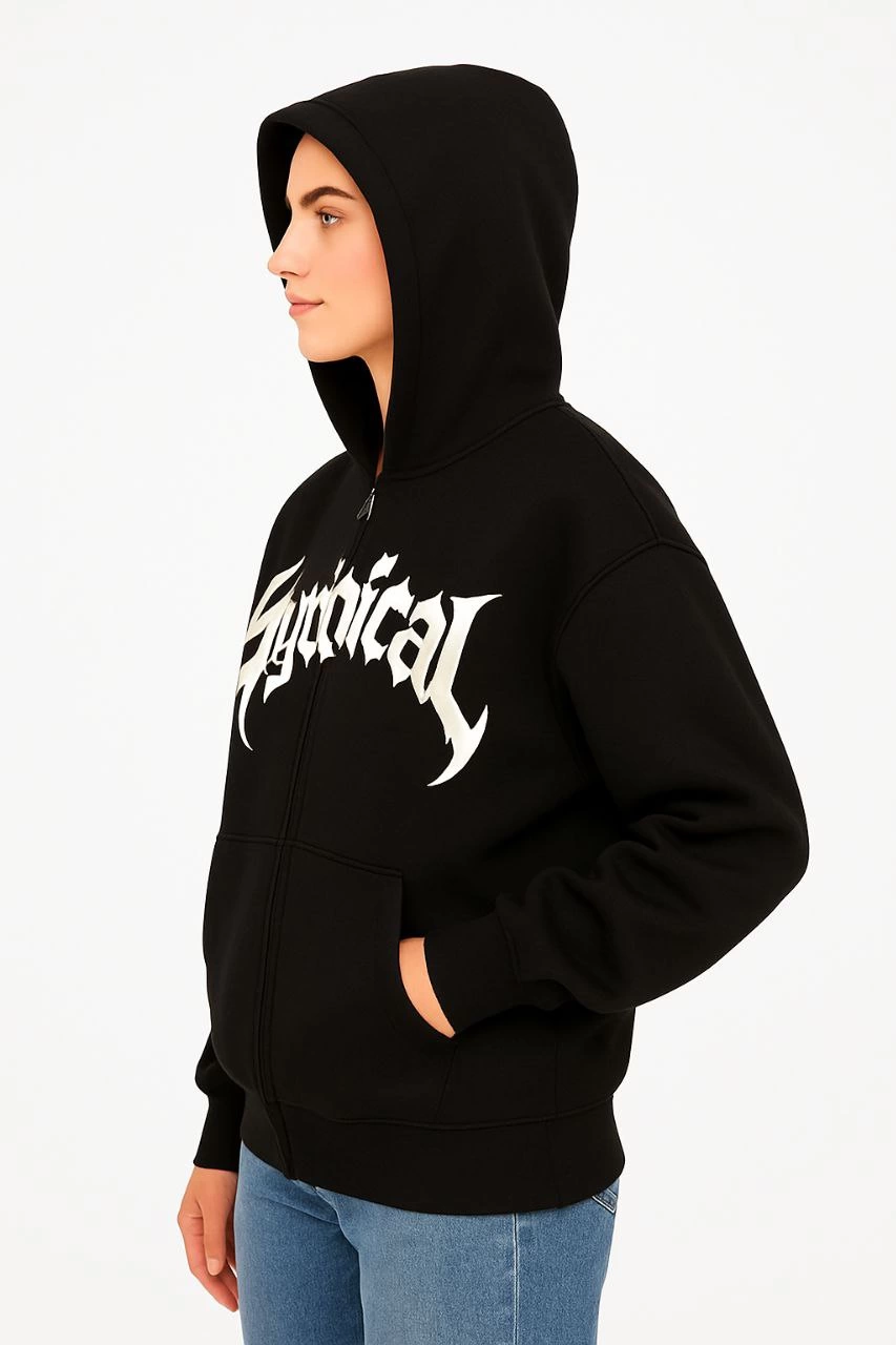 Kadın Kapüşonlu 3 İplik Şardonlu Önü Baskılı Fermuarlı Oversize Sweatshirt - Siyah görsel 2