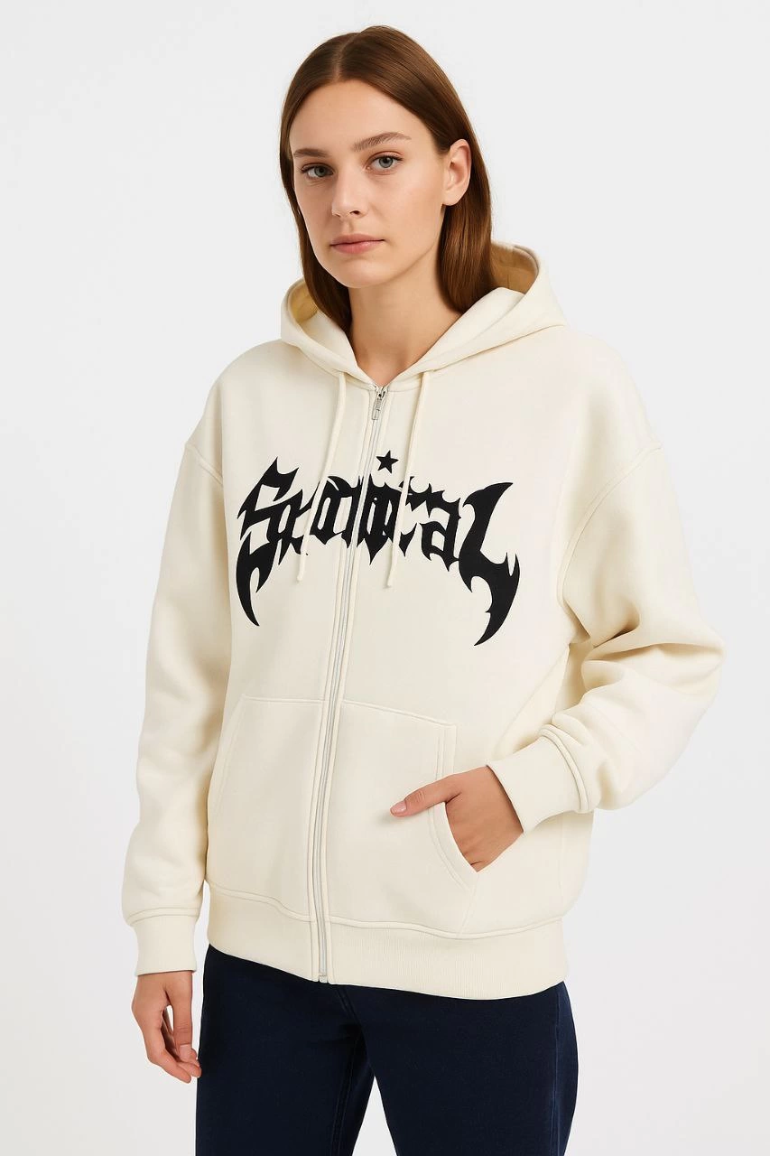 Kadın Kapüşonlu 3 İplik Şardonlu Önü Baskılı Fermuarlı Oversize Sweatshirt - Siyah görsel 10