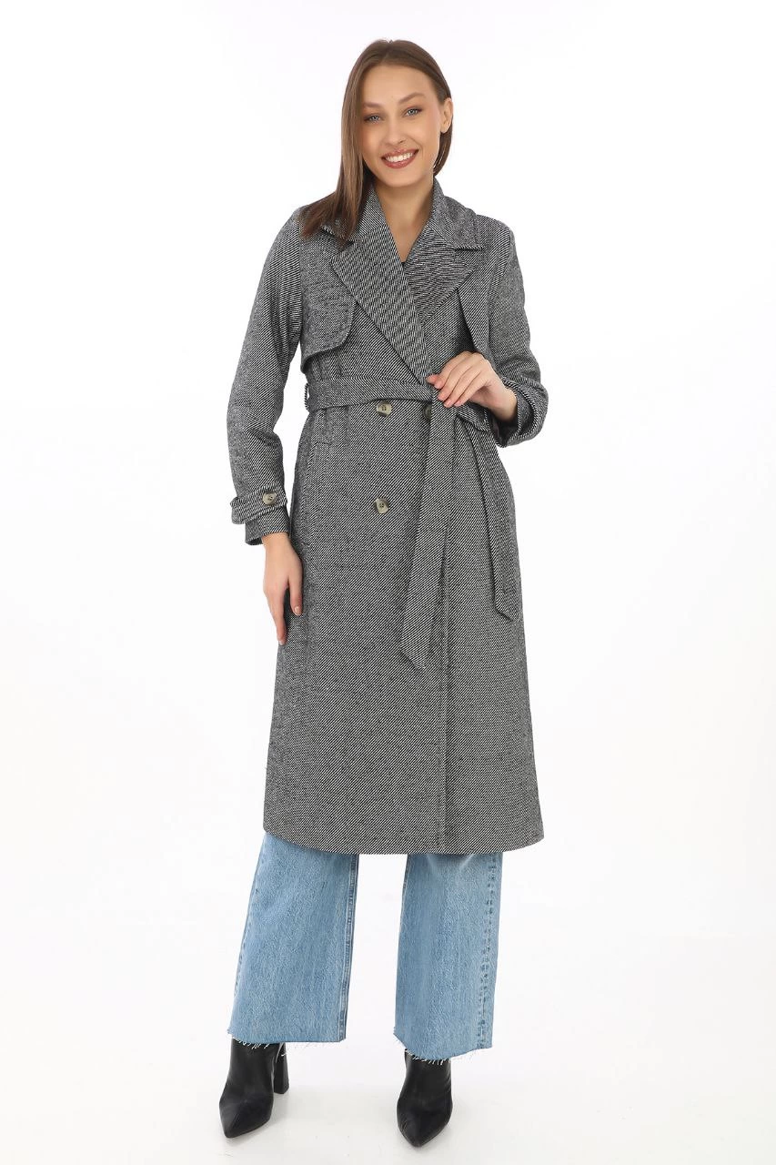 Kadın Uzun Kaşe Kaban Balık Sırtı Dokuma Kaşmir Kruvaze Yaka Kuşaklı Cepli - Boyalı Gri görsel 11