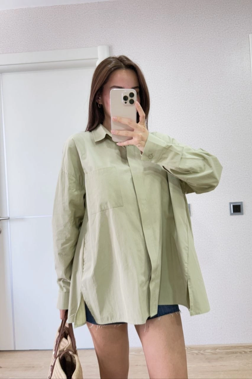 Kadın Oversize Pens Detaylı Cepli Yırtmaçlı Rahat Kalıp Poplin Gömlek - Sarı görsel 9