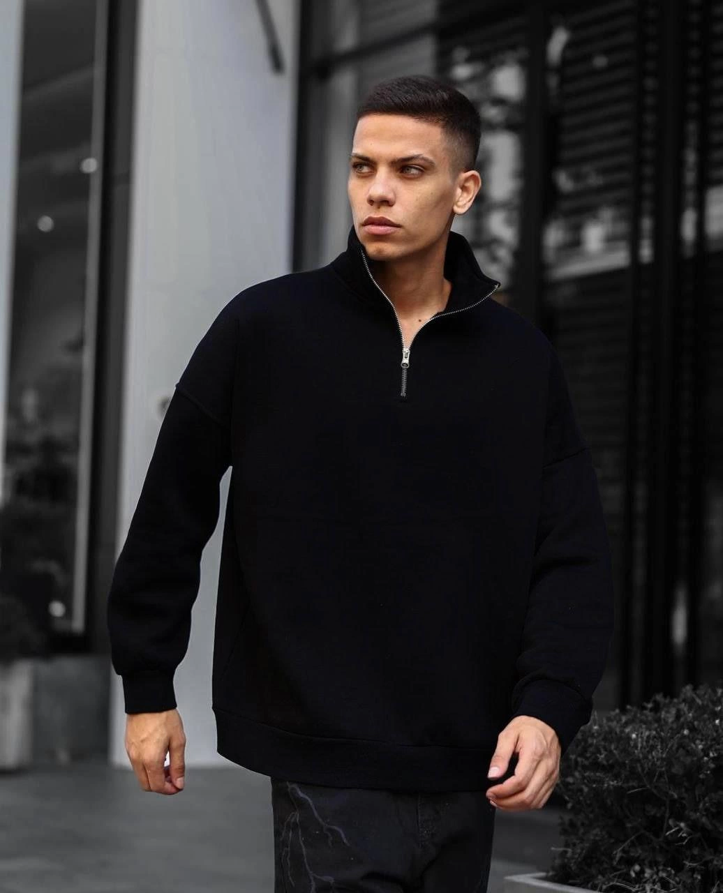 Erkek Yarım Fermuarlı Üç İplik Sweatshirt - Gri görsel 4