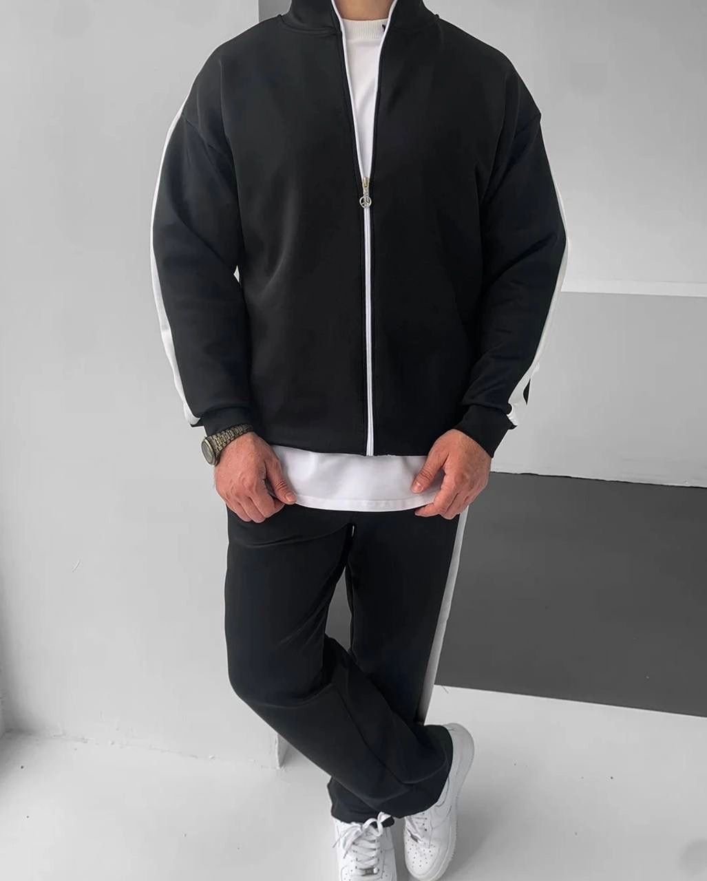 Erkek Scuba Kumaş Oversize Şerit Detaylı Fermuarlı Alt Üst Eşofman Takımı - Beyaz görsel 6