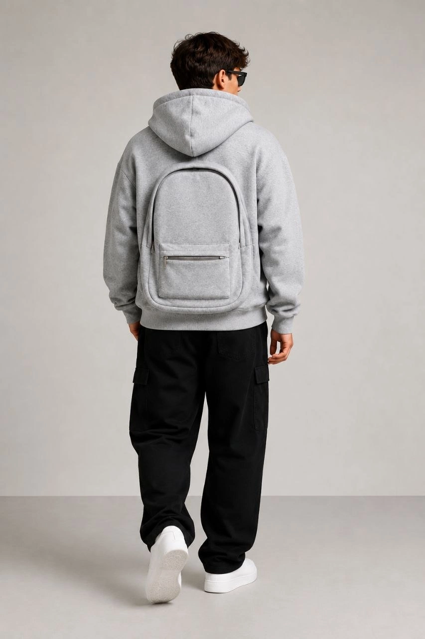 Erkek 3 İplik Şardonlu Tam Fermuarlı Kapüşonlu Arka Çanta Detaylı Sweatshirt - Gri görsel 9