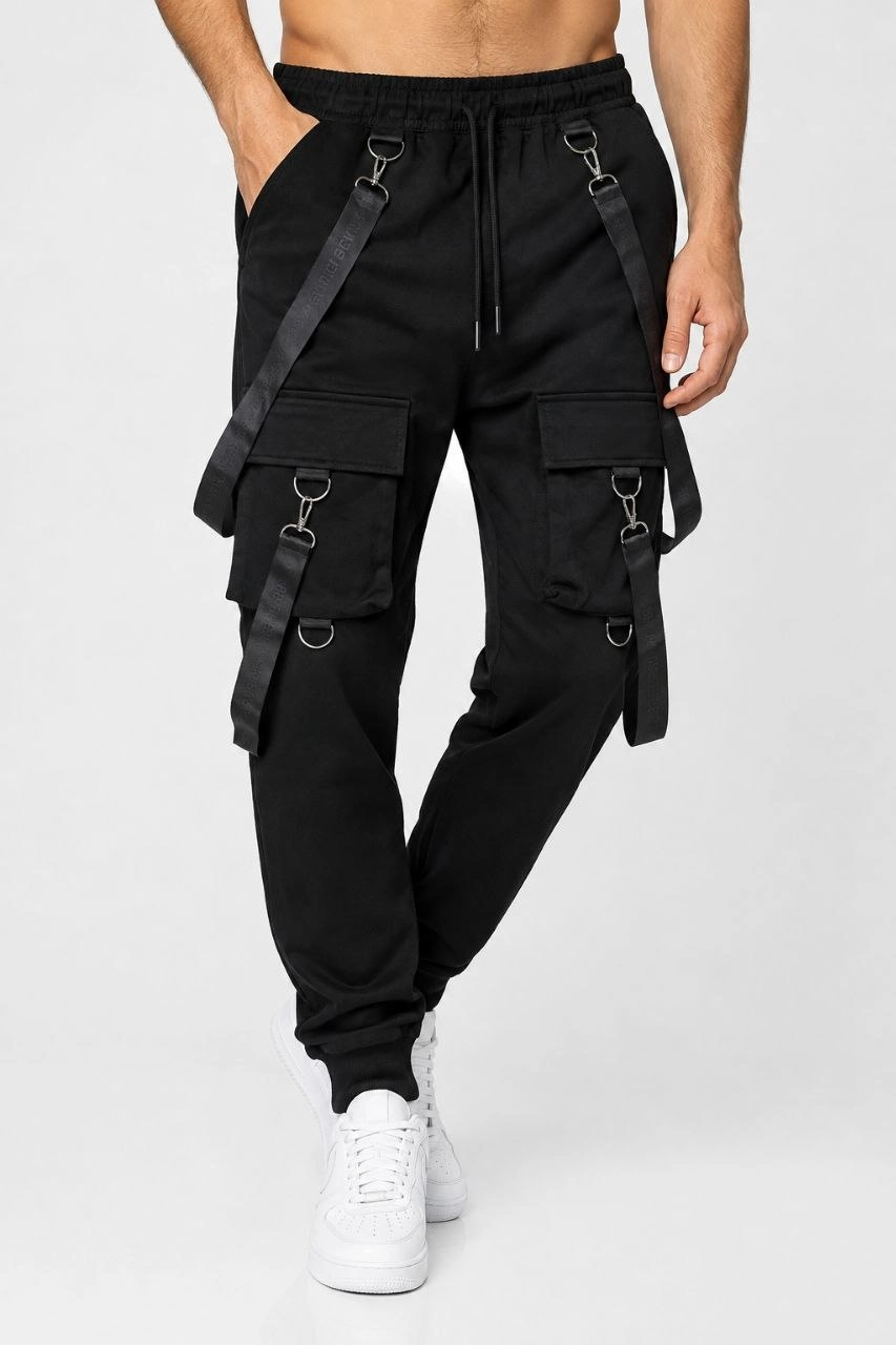 Erkek Techwear Şerit Aksesuarlı Ön Kapak Cep Detaylı Jogger Eşofman Altı - Siyah görsel 4